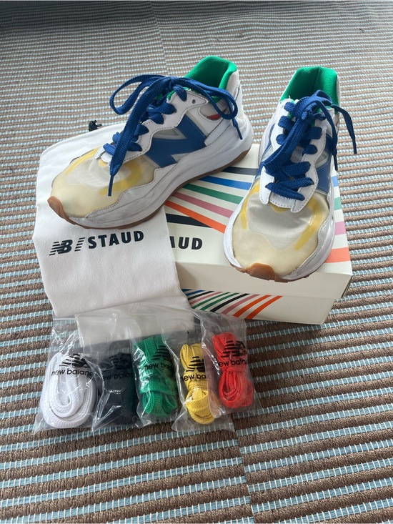 New Balance Shoes - New Balance Kids White Sneakers with Blue and Green Accents